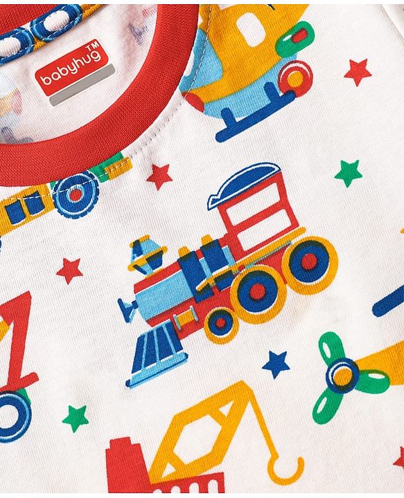 Babyhug Cotton Knit Half Sleeves Co-ords Shorts Night Suit With Vehicle Print - White