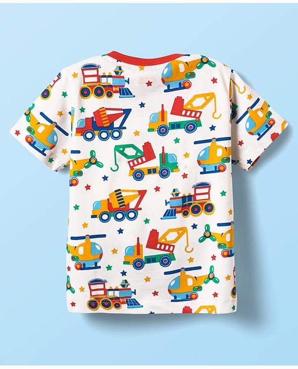 Babyhug Cotton Knit Half Sleeves Co-ords Shorts Night Suit With Vehicle Print - White