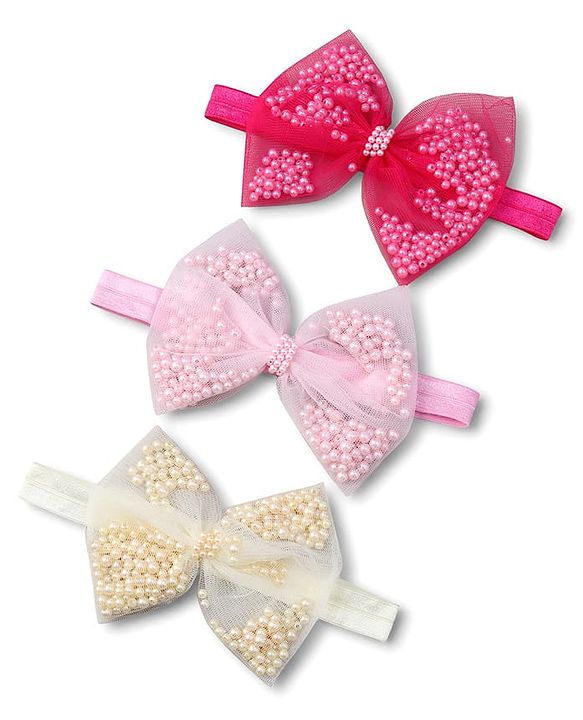 Babyhug Free Size Headbands with Bow Applique Pack of 3 - Pink Fuschia and Yellow