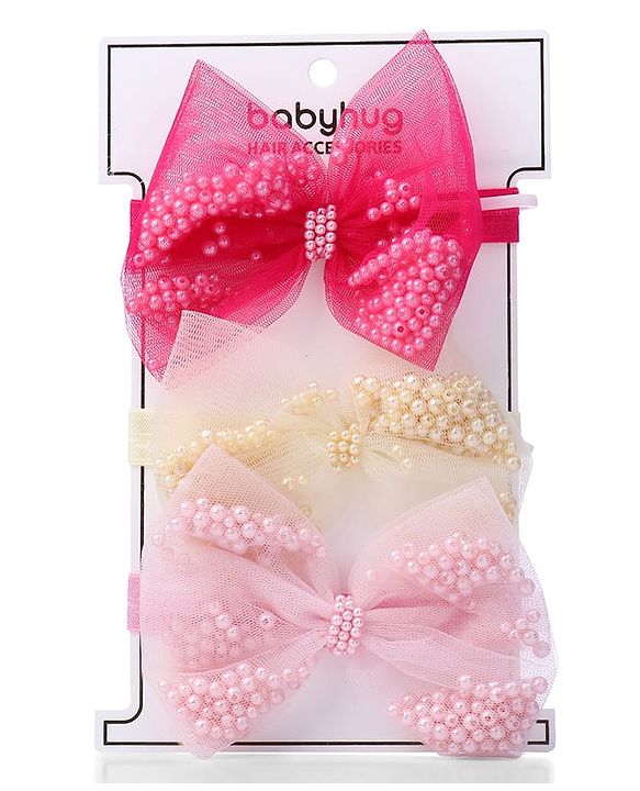 Babyhug Free Size Headbands with Bow Applique Pack of 3 - Pink Fuschia and Yellow