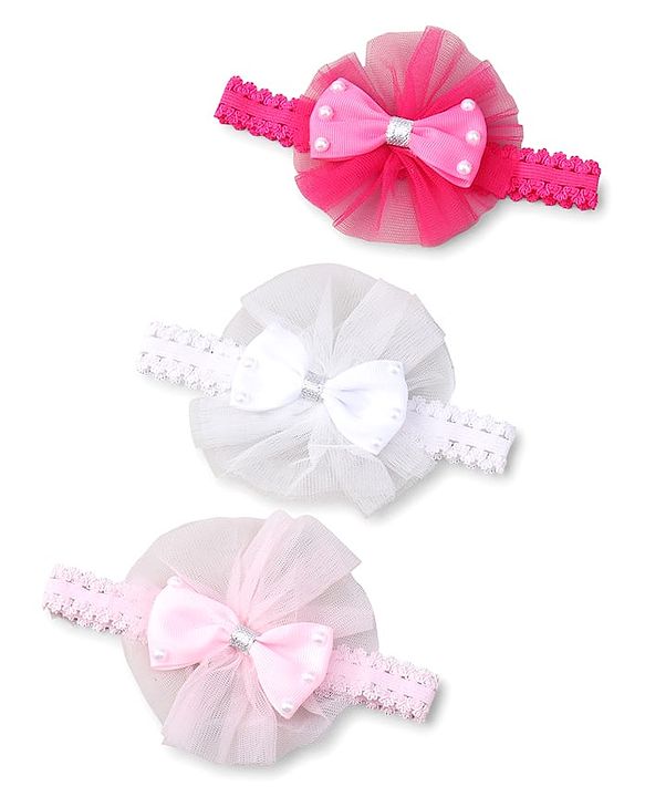 Babyhug Free Size HeadBand with Floral Applique Pack of 3 - White Pink and Fuschia