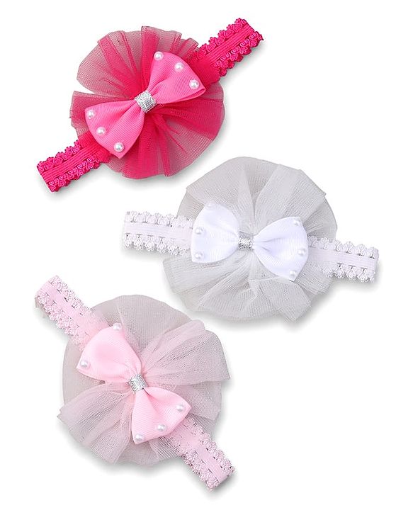 Babyhug Free Size HeadBand with Floral Applique Pack of 3 - White Pink and Fuschia