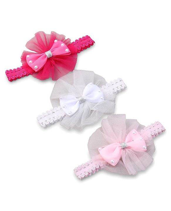 Babyhug Free Size HeadBand with Floral Applique Pack of 3 - White Pink and Fuschia