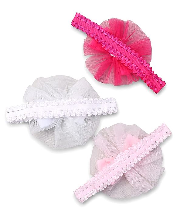 Babyhug Free Size HeadBand with Floral Applique Pack of 3 - White Pink and Fuschia