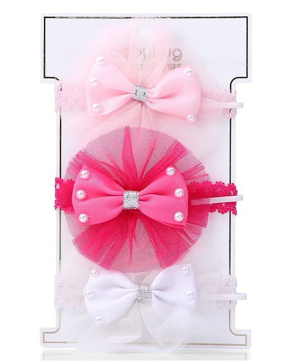 Babyhug Free Size HeadBand with Floral Applique Pack of 3 - White Pink and Fuschia