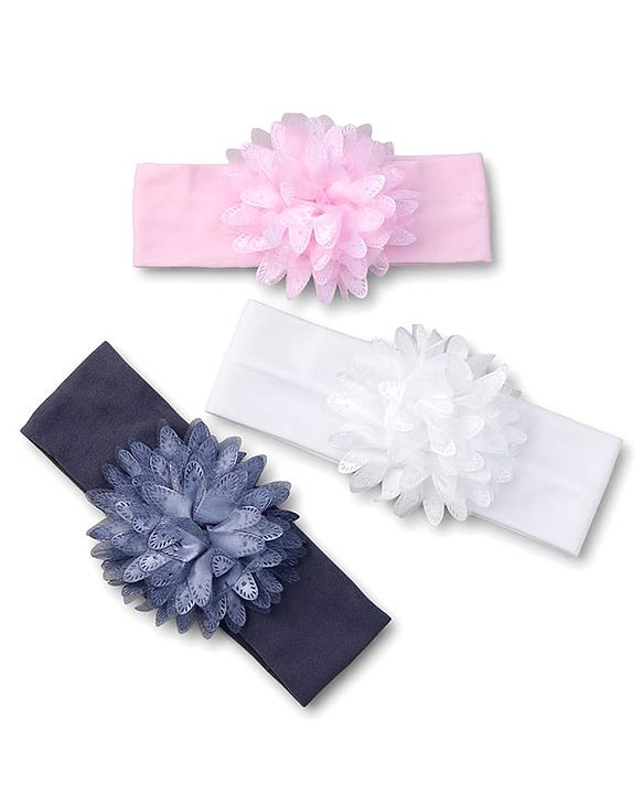 Babyhug Free Size Headbands with Flower Applique Pack of 3 - Light Pink White and Grey