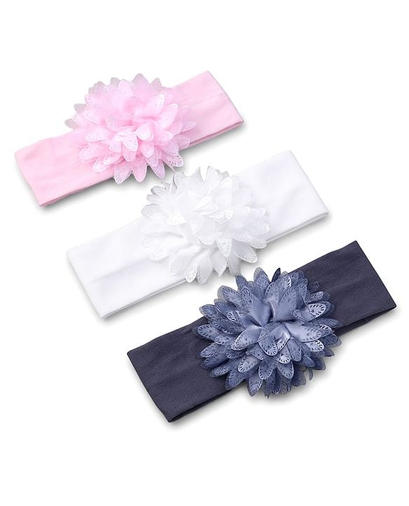 Babyhug Free Size Headbands with Flower Applique Pack of 3 - Light Pink White and Grey