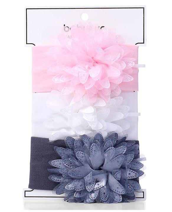 Babyhug Free Size Headbands with Flower Applique Pack of 3 - Light Pink White and Grey