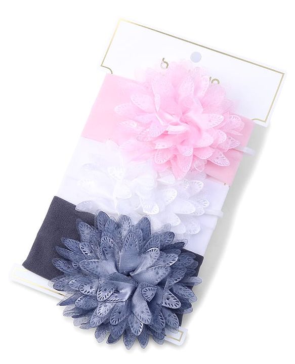 Babyhug Free Size Headbands with Flower Applique Pack of 3 - Light Pink White and Grey
