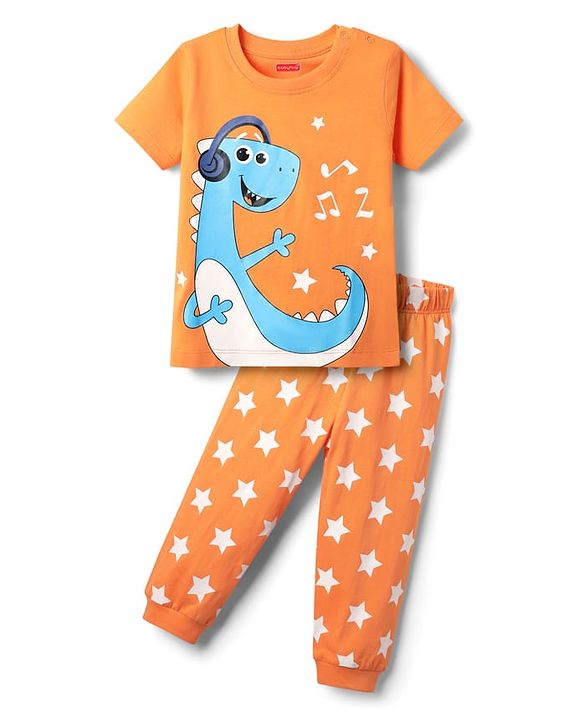Babyhug Cotton Knit Half Sleeves Night Suit With Dino & Star Print - Orange