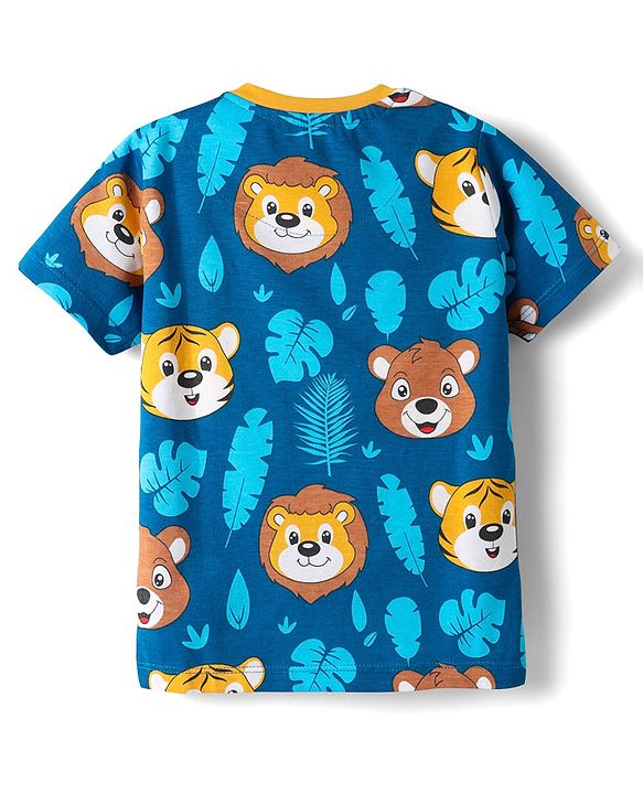 Babyhug Cotton Knit Half Sleeves Co-Ord Night Suit With Animal Print - Blue