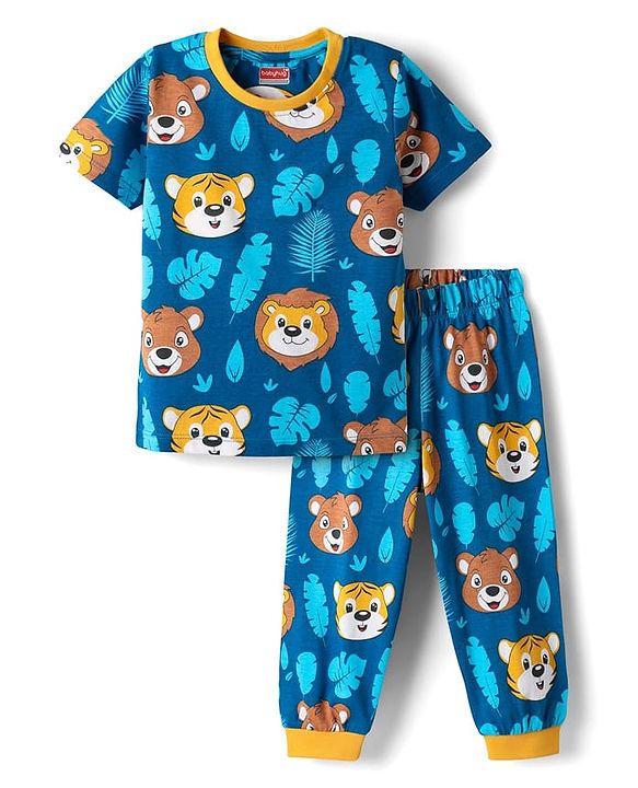 Babyhug Cotton Knit Half Sleeves Co-Ord Night Suit With Animal Print - Blue
