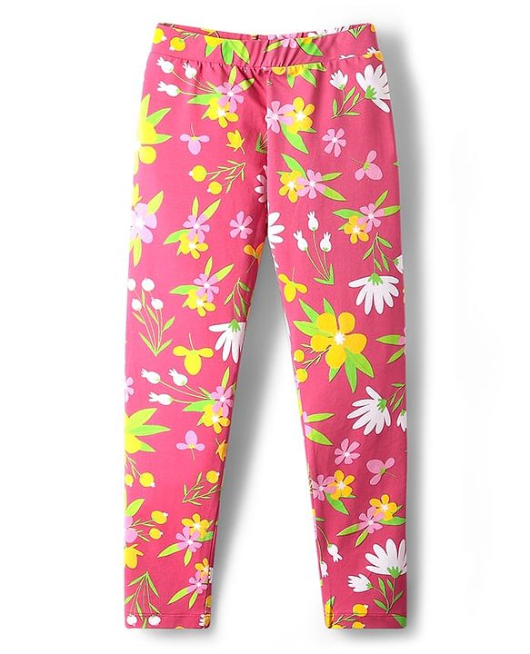 Pine Kids Cotton Lycra Knit Full Length Leggings With Floral Print - Dark Pink