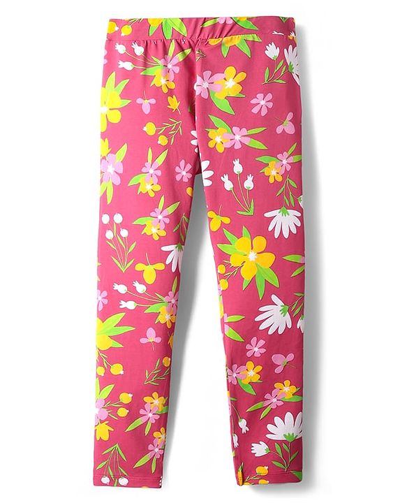 Pine Kids Cotton Lycra Knit Full Length Leggings With Floral Print - Dark Pink
