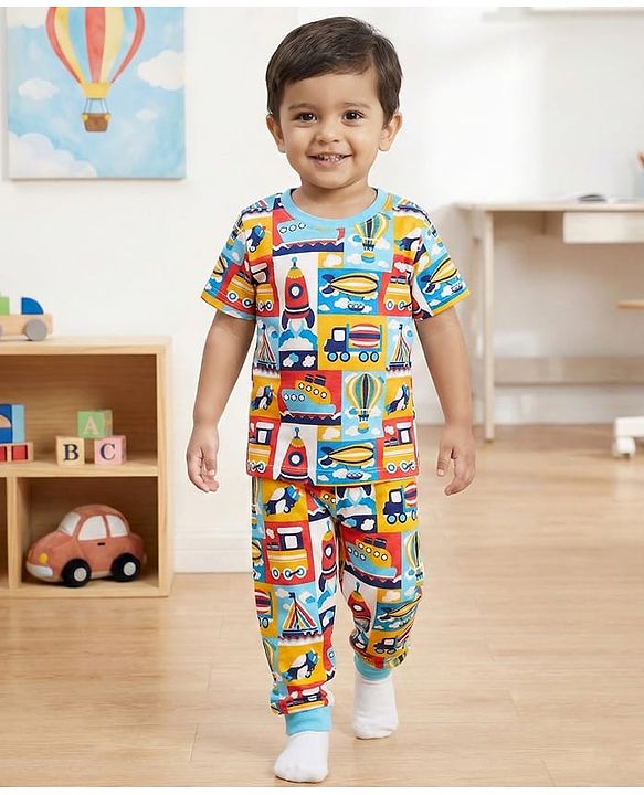 Babyhug Cotton Knit Half Sleeves Co-Ord Night Suit With Vehicle Print - Multicolor