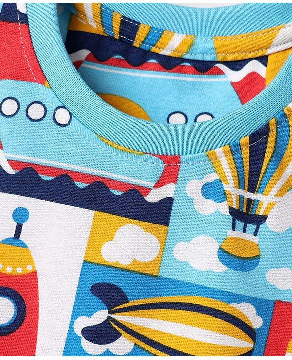 Babyhug Cotton Knit Half Sleeves Co-Ord Night Suit With Vehicle Print - Multicolor