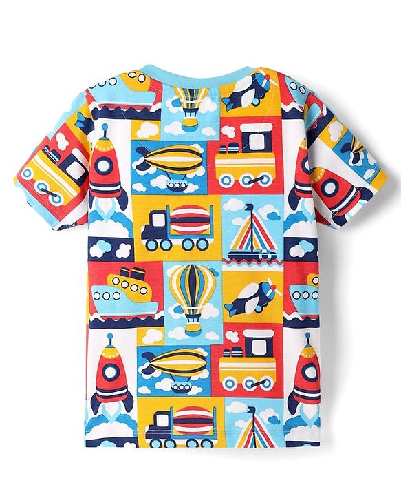 Babyhug Cotton Knit Half Sleeves Co-Ord Night Suit With Vehicle Print - Multicolor