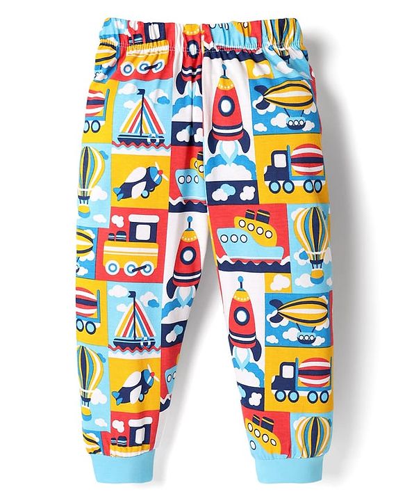 Babyhug Cotton Knit Half Sleeves Co-Ord Night Suit With Vehicle Print - Multicolor