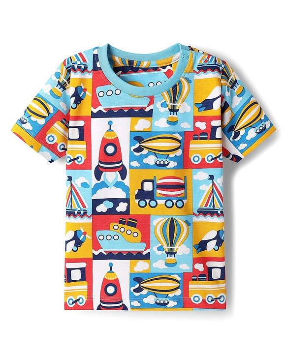 Babyhug Cotton Knit Half Sleeves Co-Ord Night Suit With Vehicle Print - Multicolor
