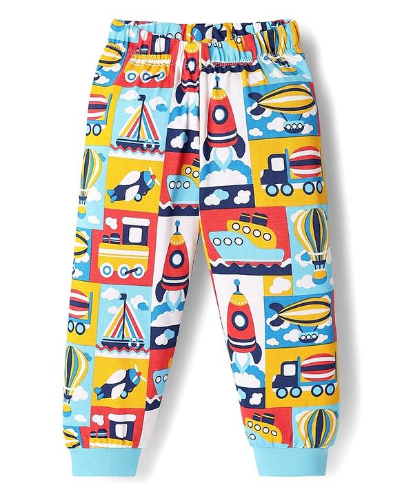 Babyhug Cotton Knit Half Sleeves Co-Ord Night Suit With Vehicle Print - Multicolor