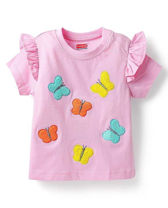 Babyhug Single Jersey Knit Half Sleeves Top & Shorts Set With Butterfly Embriodery - Pink