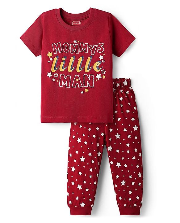 Babyhug Cotton Knit Half Sleeves Night Suit With Star Print - Red