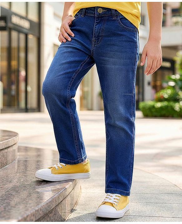 Pine Kids Woven Full Length Washed Denim Jeans - Blue