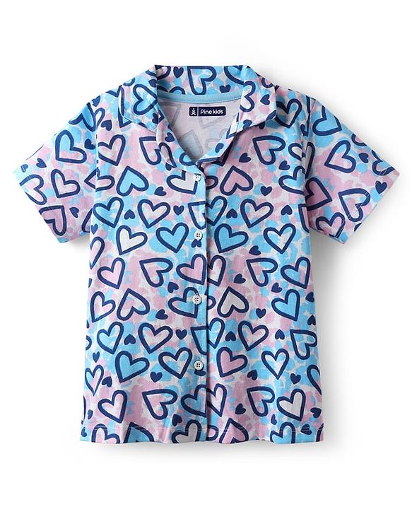 Pine Kids Single Jersey Knit Half Sleeves Co-Ord Night Suit with Heart Print - Tanager Turquoise