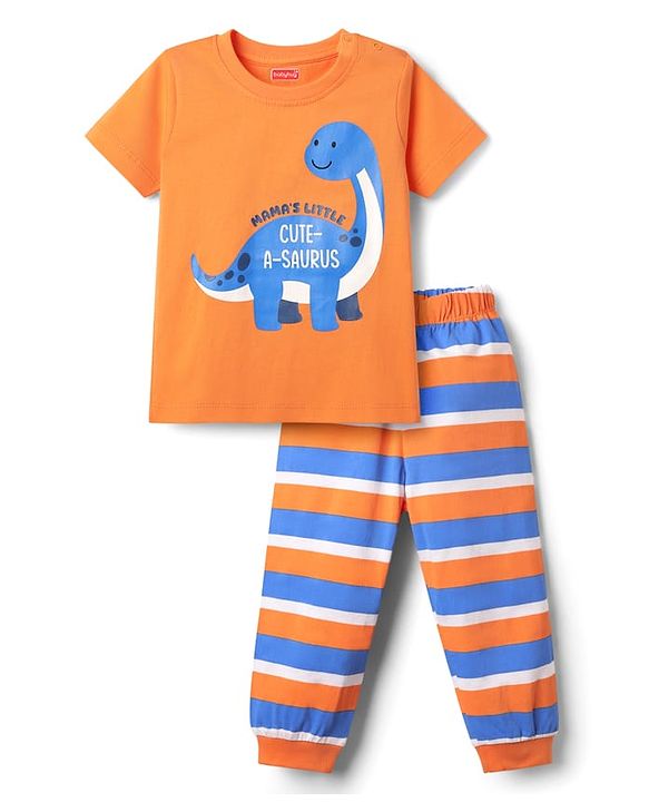 Babyhug Cotton Knit Half Sleeves Night Suit With Stripes & Dino Print - Orange