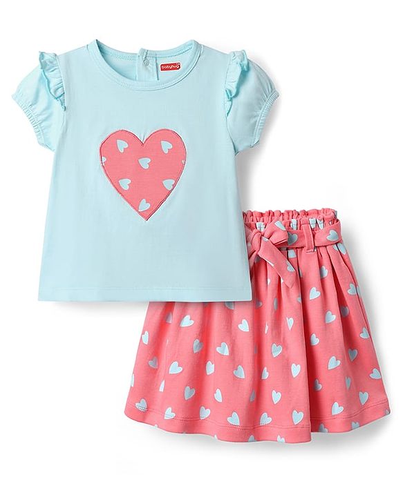 Babyhug Single Jersey Knit Half Sleeves Top & Skirt Set With Belt and Heart Print - Pink