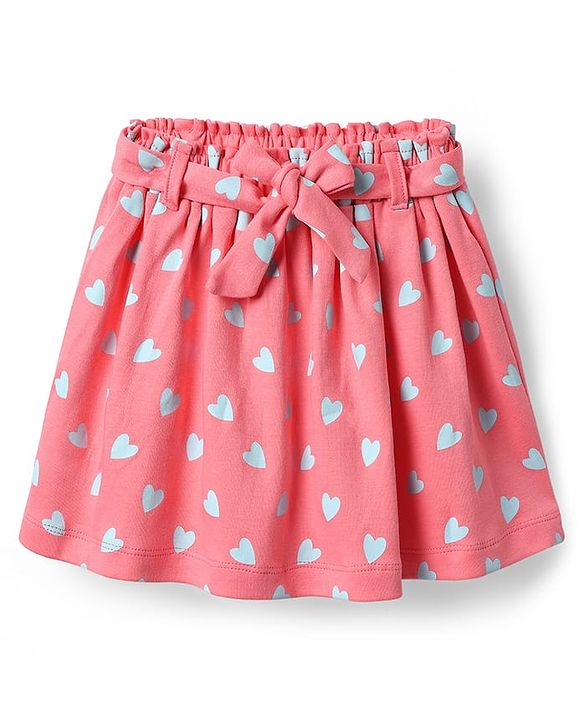 Babyhug Single Jersey Knit Half Sleeves Top & Skirt Set With Belt and Heart Print - Pink
