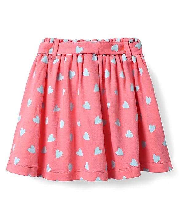 Babyhug Single Jersey Knit Half Sleeves Top & Skirt Set With Belt and Heart Print - Pink