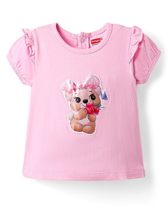 Babyhug Single Jersey Knit Half Sleeves Top & Skirt Set with Belt & Bear Print - Pink