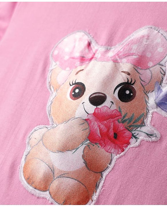 Babyhug Single Jersey Knit Half Sleeves Top & Skirt Set with Belt & Bear Print - Pink