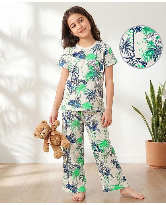 Pine Kids Single Jersey Knit Half Sleeves Co-ords Capri Night Suit With Tropical Theme Print - Off White