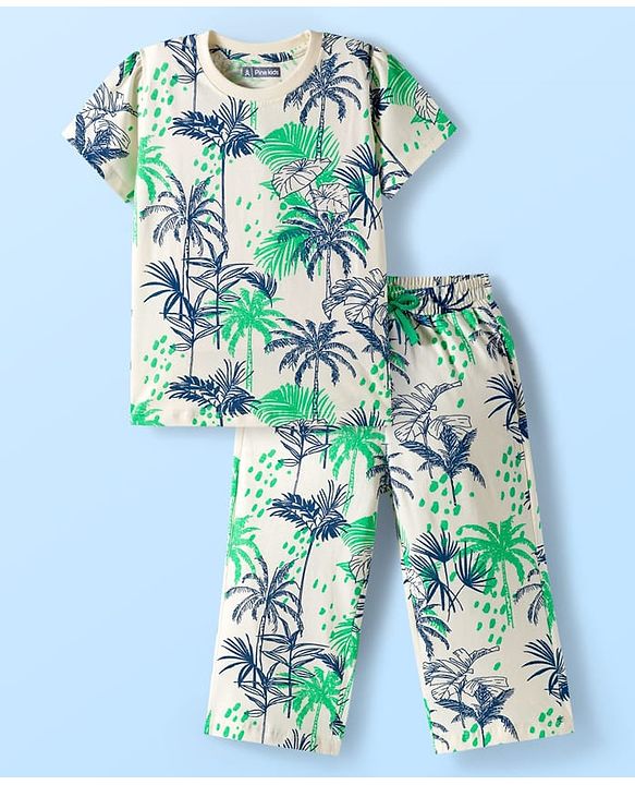 Pine Kids Single Jersey Knit Half Sleeves Co-ords Capri Night Suit With Tropical Theme Print - Off White