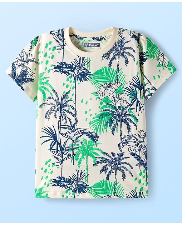 Pine Kids Single Jersey Knit Half Sleeves Co-ords Capri Night Suit With Tropical Theme Print - Off White