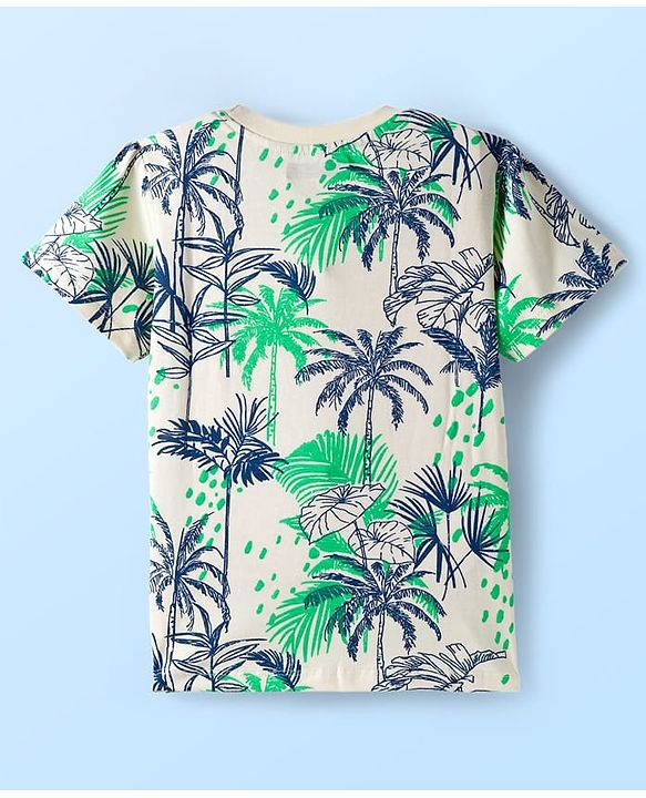 Pine Kids Single Jersey Knit Half Sleeves Co-ords Capri Night Suit With Tropical Theme Print - Off White