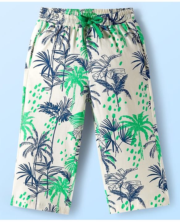 Pine Kids Single Jersey Knit Half Sleeves Co-ords Capri Night Suit With Tropical Theme Print - Off White
