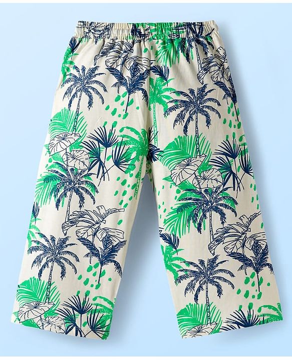 Pine Kids Single Jersey Knit Half Sleeves Co-ords Capri Night Suit With Tropical Theme Print - Off White
