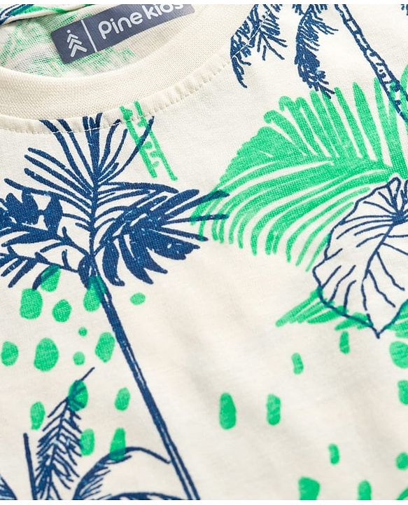 Pine Kids Single Jersey Knit Half Sleeves Co-ords Capri Night Suit With Tropical Theme Print - Off White