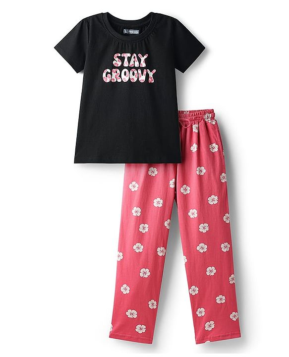 Pine Kids Single Jersey Knit Half Sleeves Night Suit With Text & Floral Print - Black