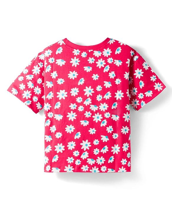 Pine Kids Single Jersey Knit Half Sleeves Capri Night Suit With Floral Print - Red
