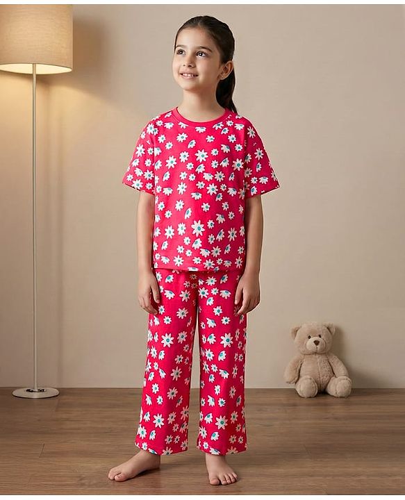 Pine Kids Single Jersey Knit Half Sleeves Capri Night Suit With Floral Print - Red
