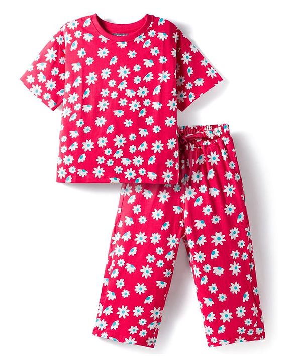 Pine Kids Single Jersey Knit Half Sleeves Capri Night Suit With Floral Print - Red