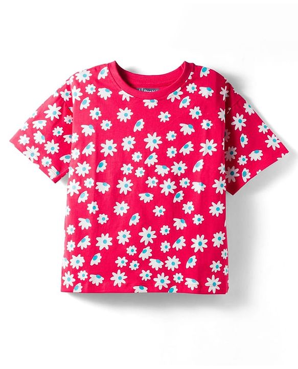 Pine Kids Single Jersey Knit Half Sleeves Capri Night Suit With Floral Print - Red
