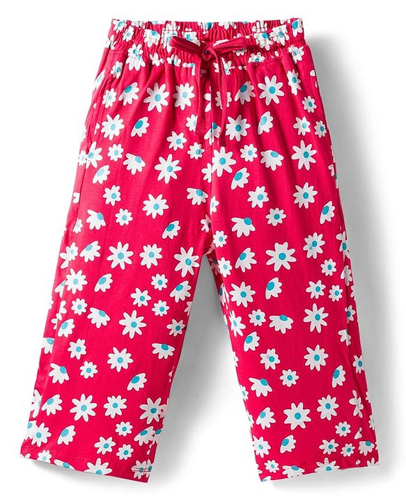 Pine Kids Single Jersey Knit Half Sleeves Capri Night Suit With Floral Print - Red