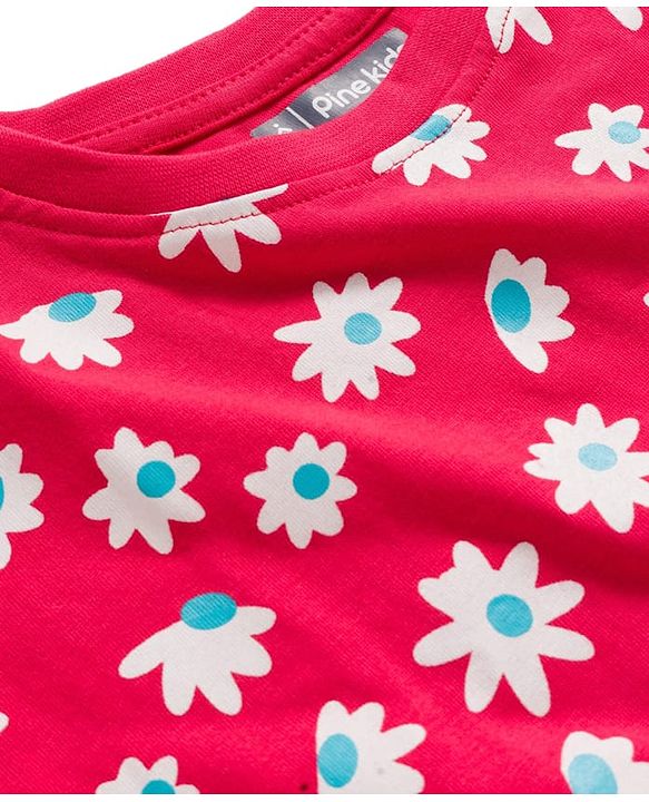 Pine Kids Single Jersey Knit Half Sleeves Capri Night Suit With Floral Print - Red