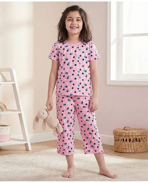 Pine Kids Single Jersey Knit Half Sleeves Capri Night Suit With Polka Dot Print - Pink