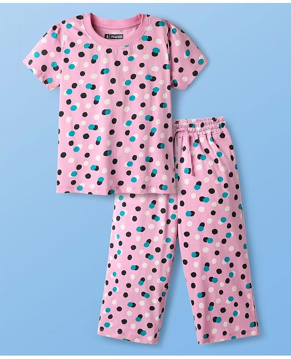 Pine Kids Single Jersey Knit Half Sleeves Capri Night Suit With Polka Dot Print - Pink